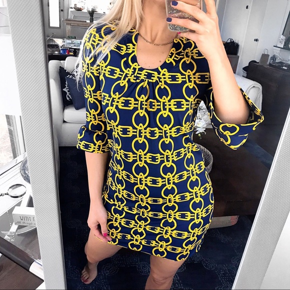 💫 ARYEH ANTHROPOLOGY YELLOW CHAIN DARK BLUE DRESS - Picture 7 of 10